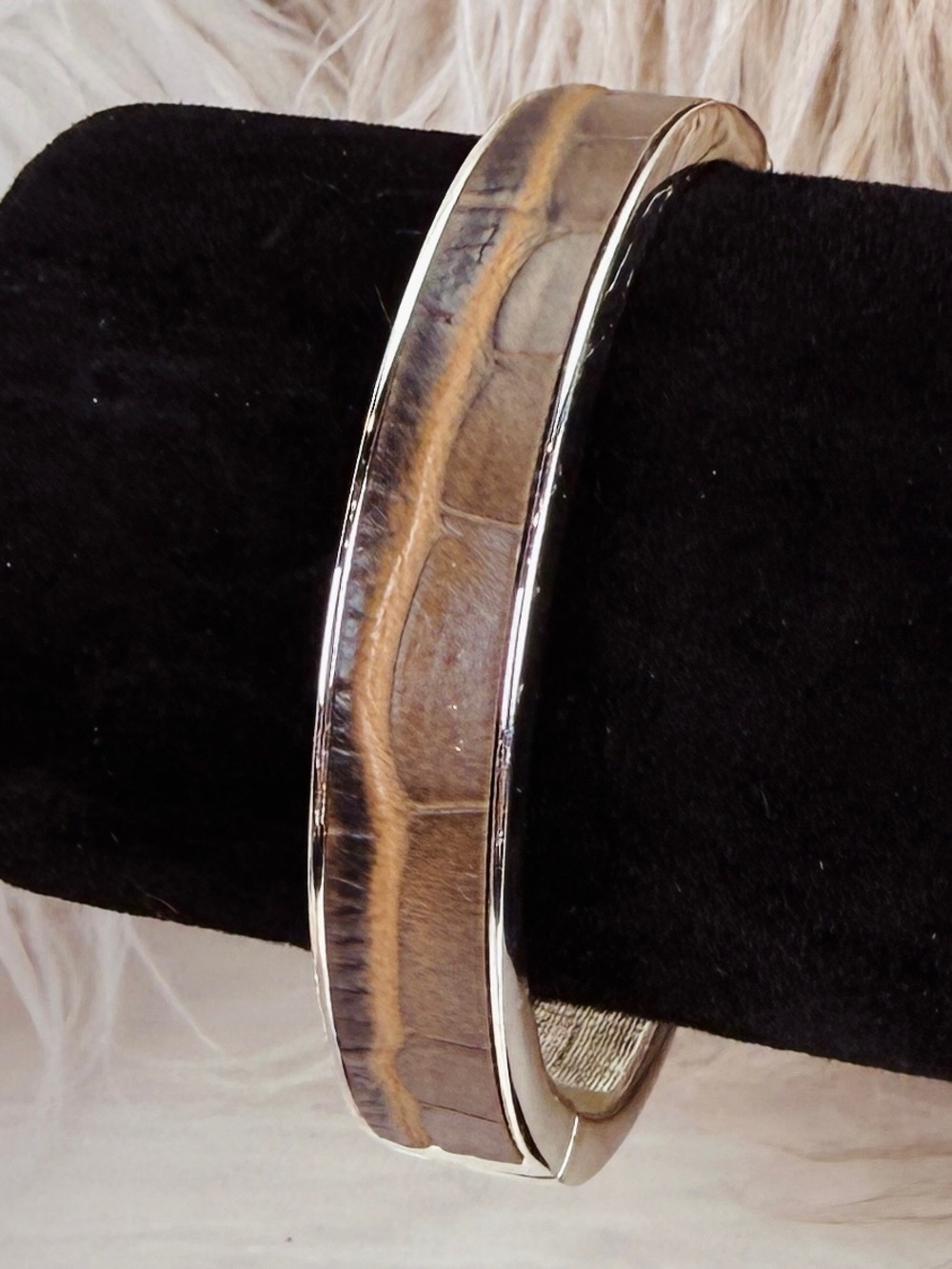 Brown Croc Design Hinged Bangle Bracelet